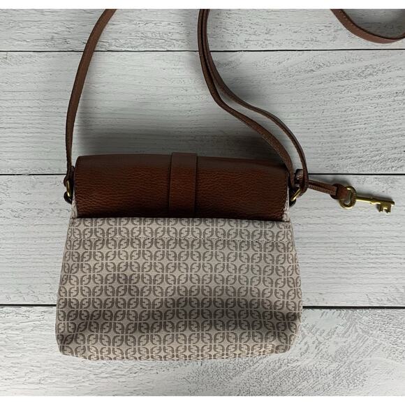 Fossil Women's Brown Leather Printed Fabric Crossbody Cute Shoulder Bag Purse - Picture 12 of 15